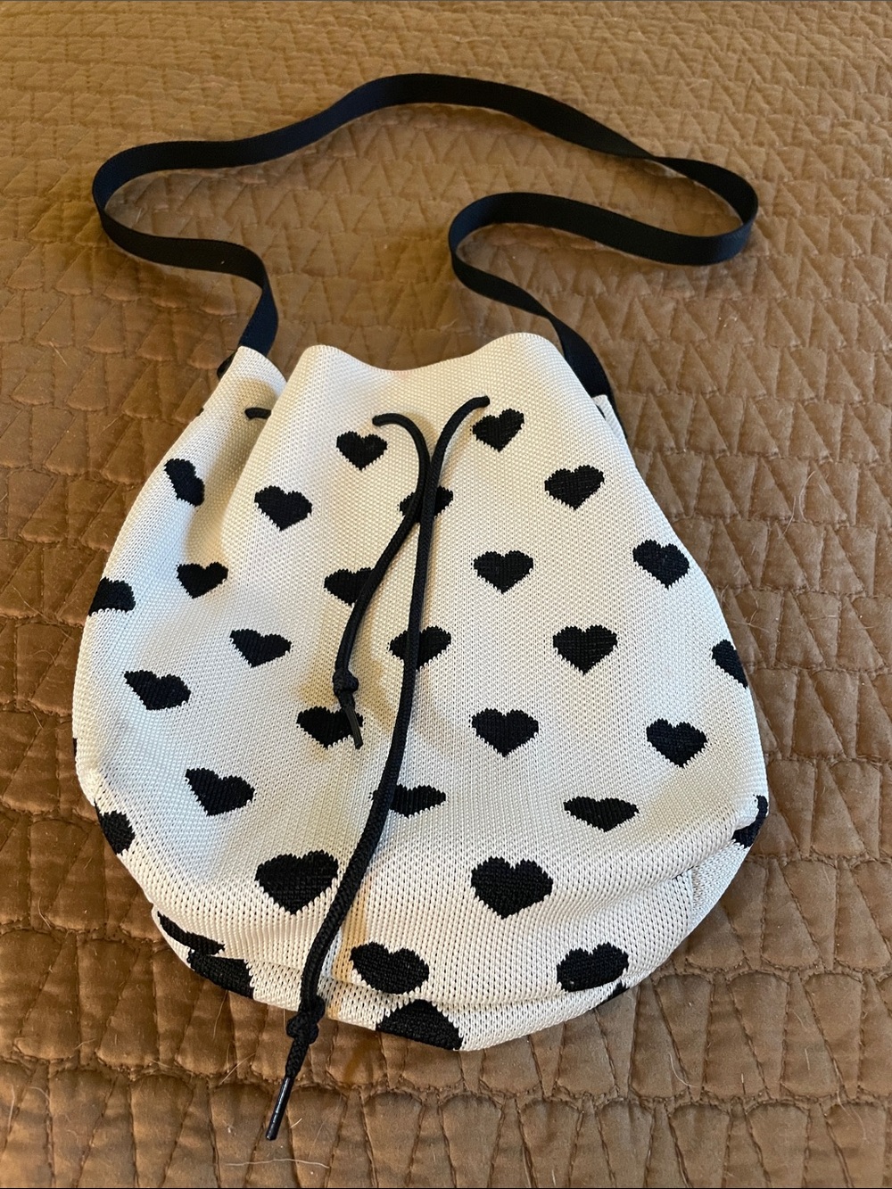 Black & White Heart Drawstring Crossbody Bag